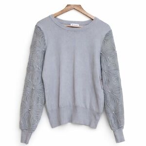 Calligraphie Gray Knit Sheer Lace Pearl Sequin Long Sleeve Crewneck Sweater M